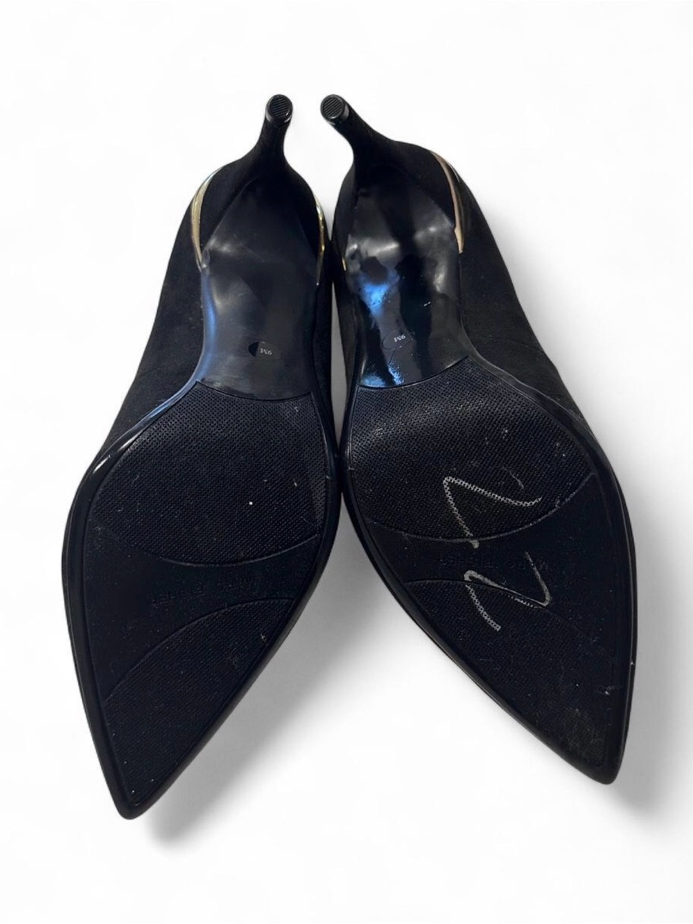 Marc Fisher Black Vegan Suede Pointed-Toe 4” Stiletto Pumps with Gold Accent - Picture 6 of 8